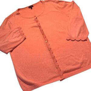 Talbots Cardigan 1X Coral Salmon Pink Scalloped Trim 3/4 Sleeve Knit Sweater